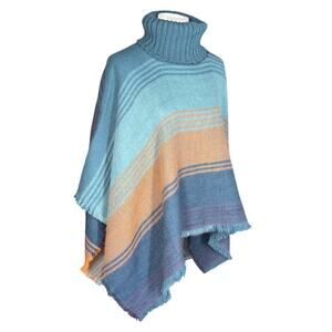 Tahari woven boho turtleneck poncho sweater blue orange fringe o/s
